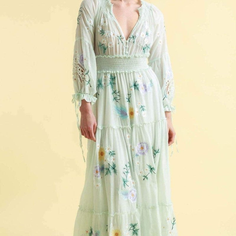 Cecilia İşlemeli V Yaka Büzgülü Maxi Elbise