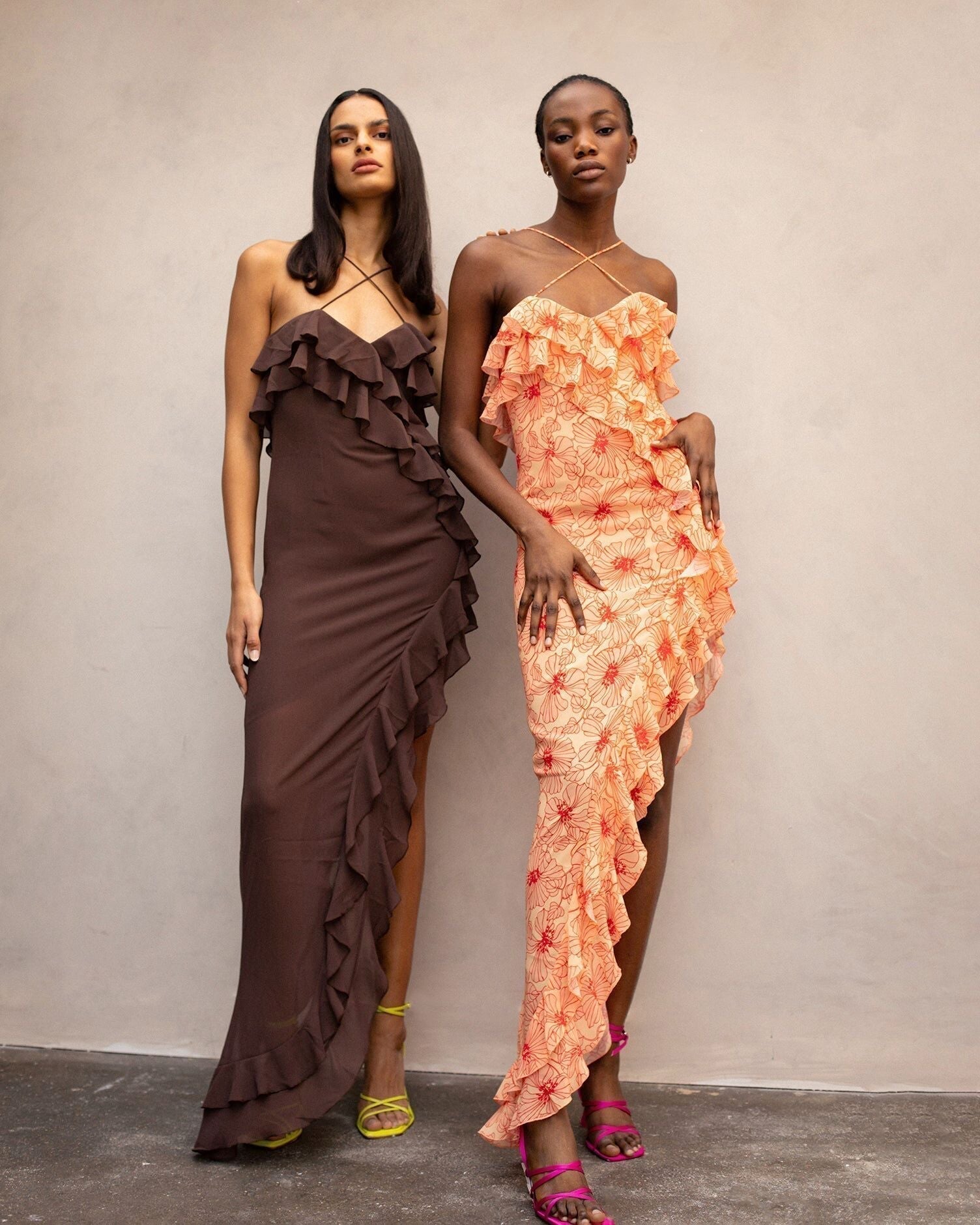 Cecily Fırfırlı Çapraz Yaka Şifon Slip Maxi Elbise