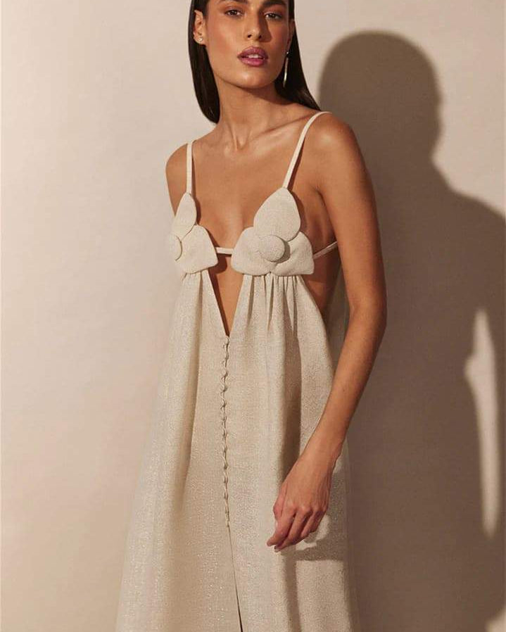 Celeste V yakalı Çiçek Yüksek Yırtmaçlı Uzun Elbise