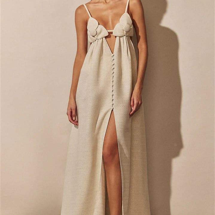 Celeste V yakalı Çiçek Yüksek Yırtmaçlı Uzun Elbise