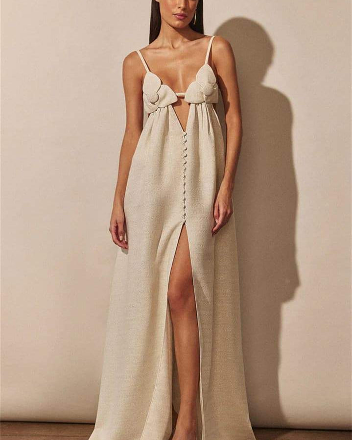 Celeste V yakalı Çiçek Yüksek Yırtmaçlı Uzun Elbise