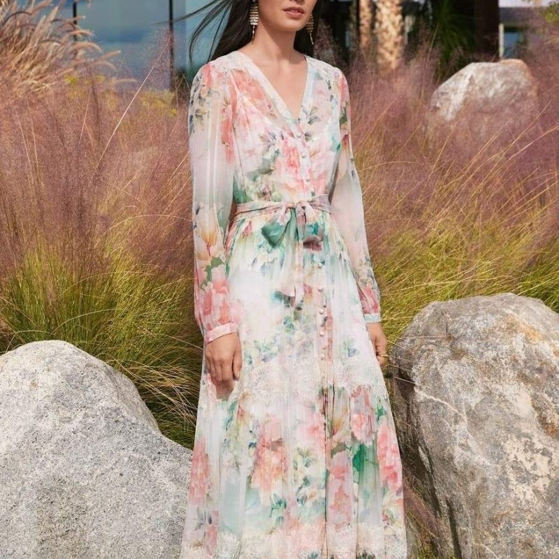 Claire Çiçek Baskılı Dantel Detaylı Maxi Elbise