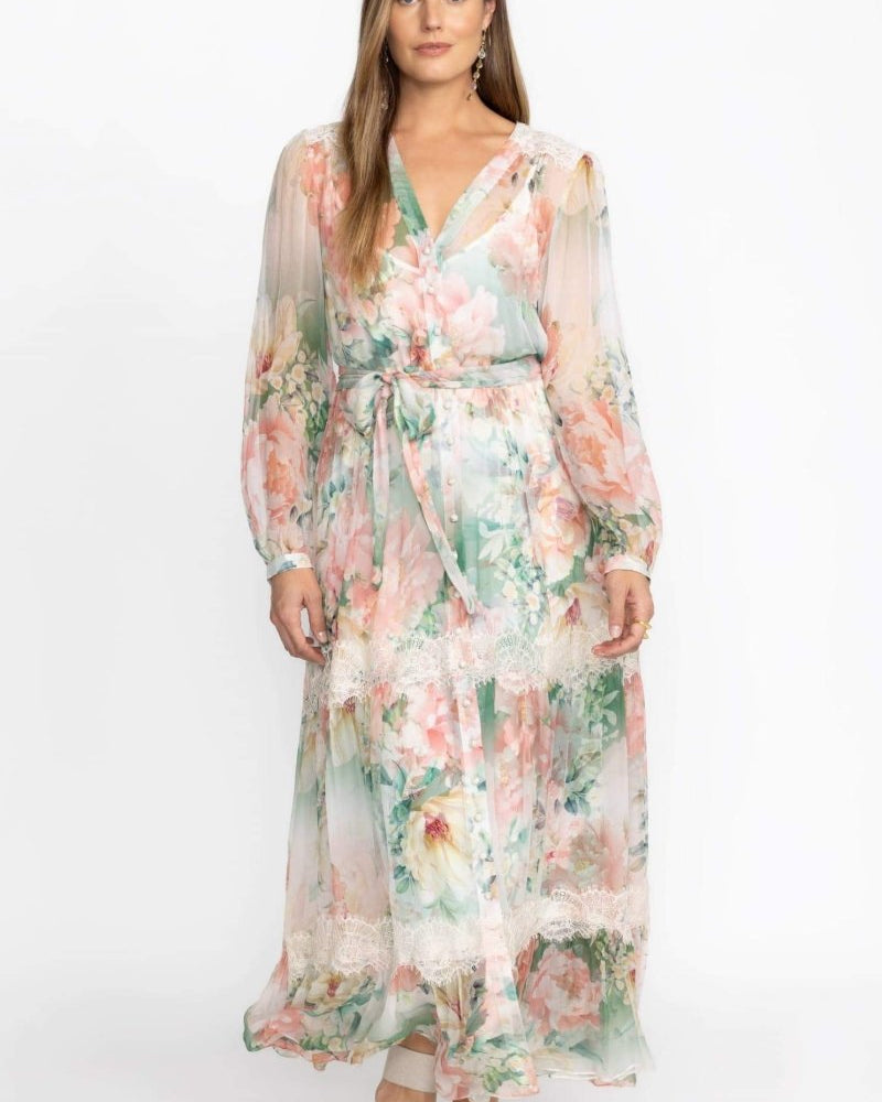 Claire Çiçek Baskılı Dantel Detaylı Maxi Elbise