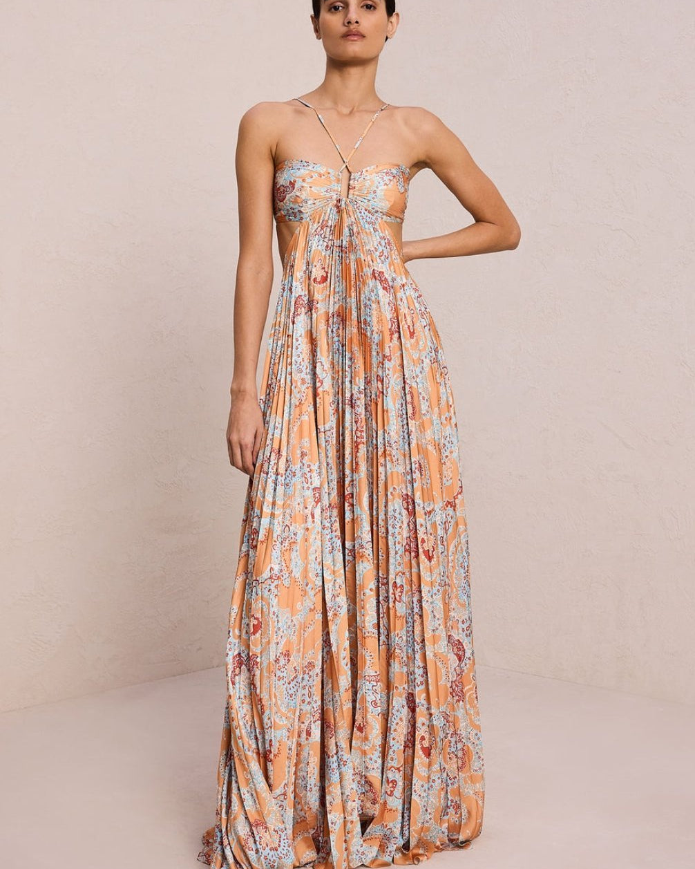 Clara Baskılı Boyundan Bağlı Pileli Uzun Elbise