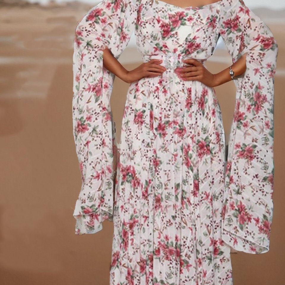 Clara Baskılı Omuzu Açık Kemerli Uzun Elbise