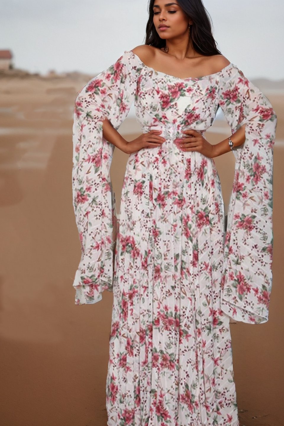 Clara Baskılı Omuzu Açık Kemerli Uzun Elbise