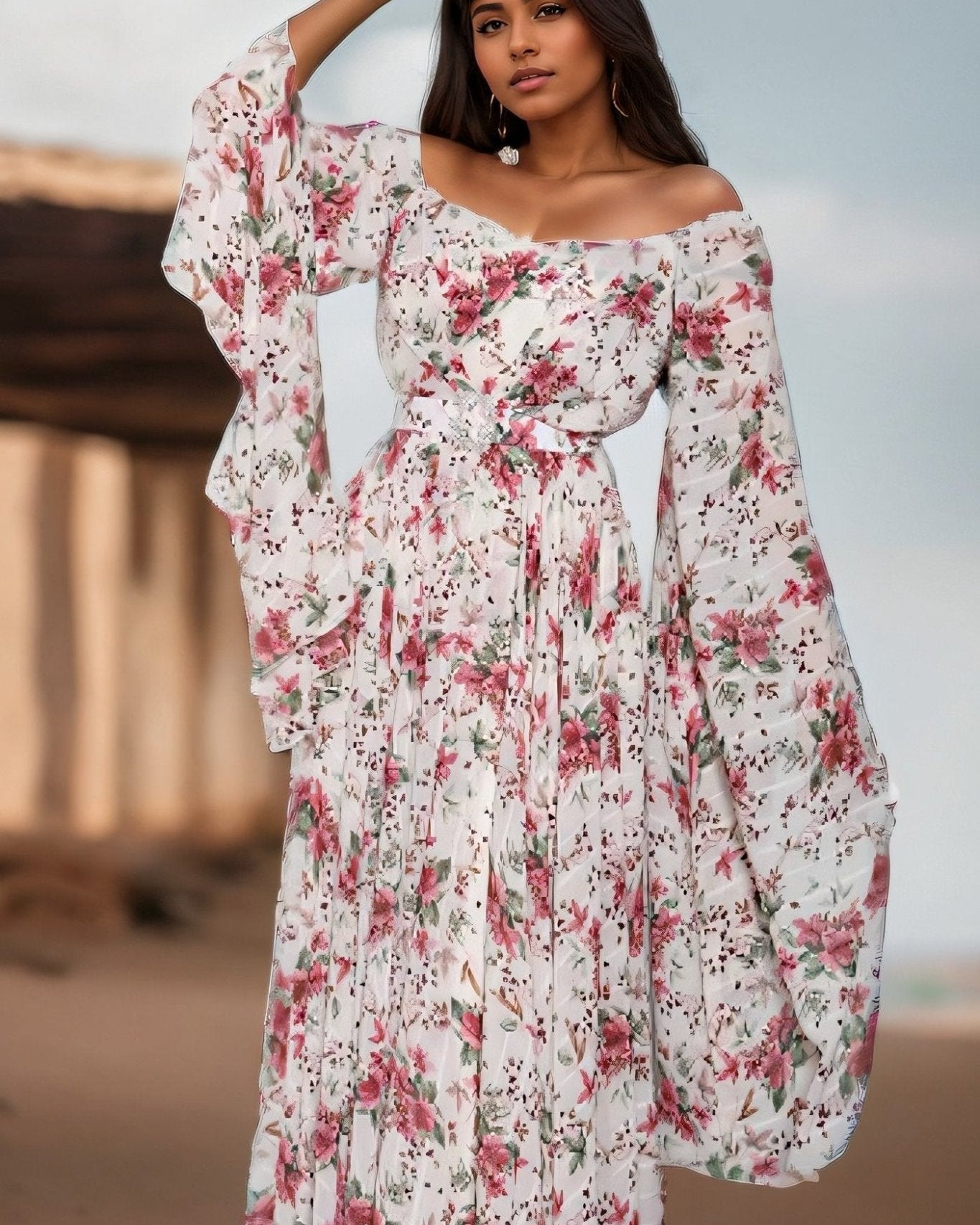 Clara Baskılı Omuzu Açık Kemerli Uzun Elbise