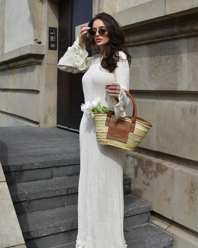 Clara Ruffle Uzun Kollu Örme Uzun Elbise