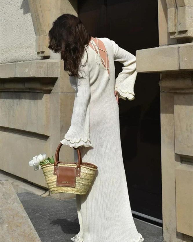 Clara Ruffle Uzun Kollu Örme Uzun Elbise