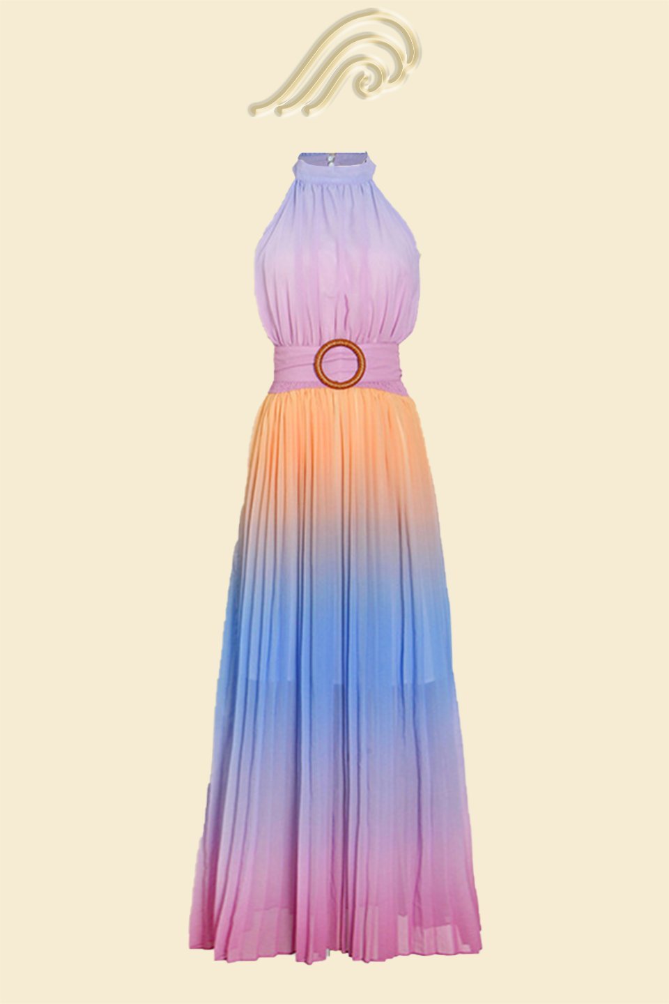 Clare Baskılı Plise Boyundan Bağlı Uzun Elbise