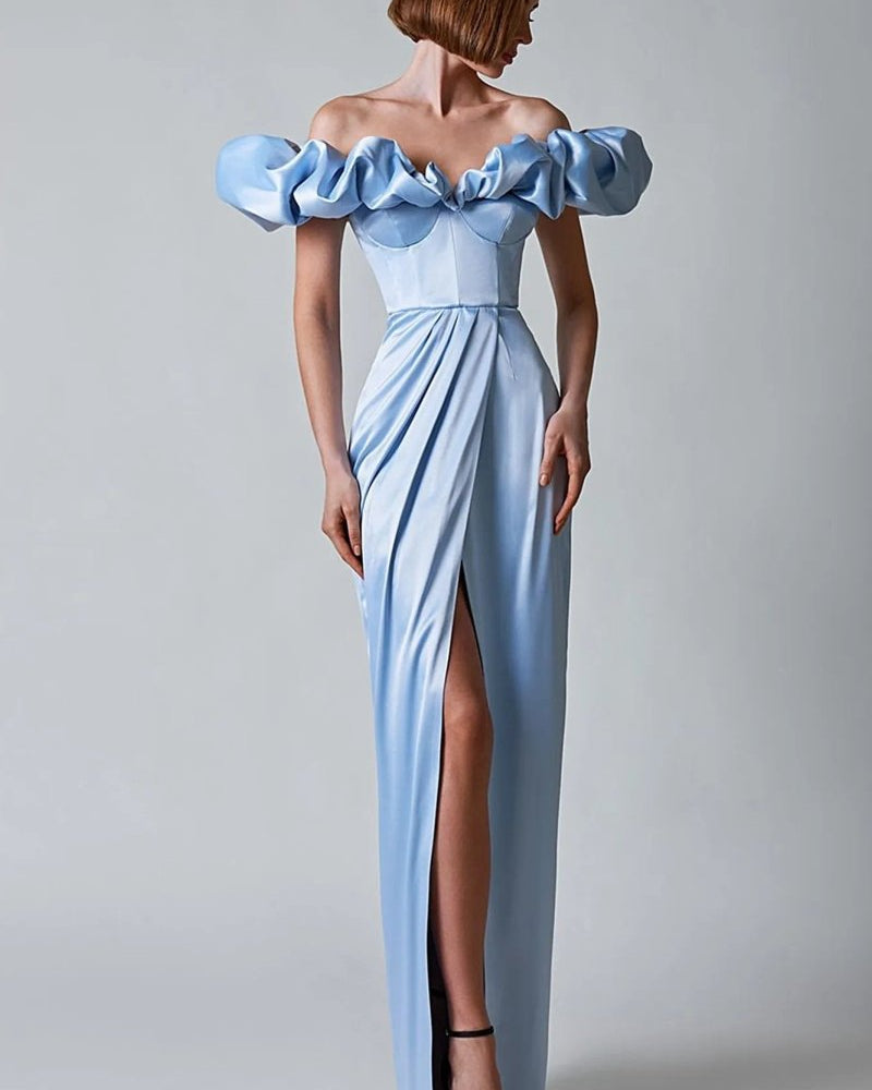 Kristal Omuz Açık Uzun Bölünmüş Elbise