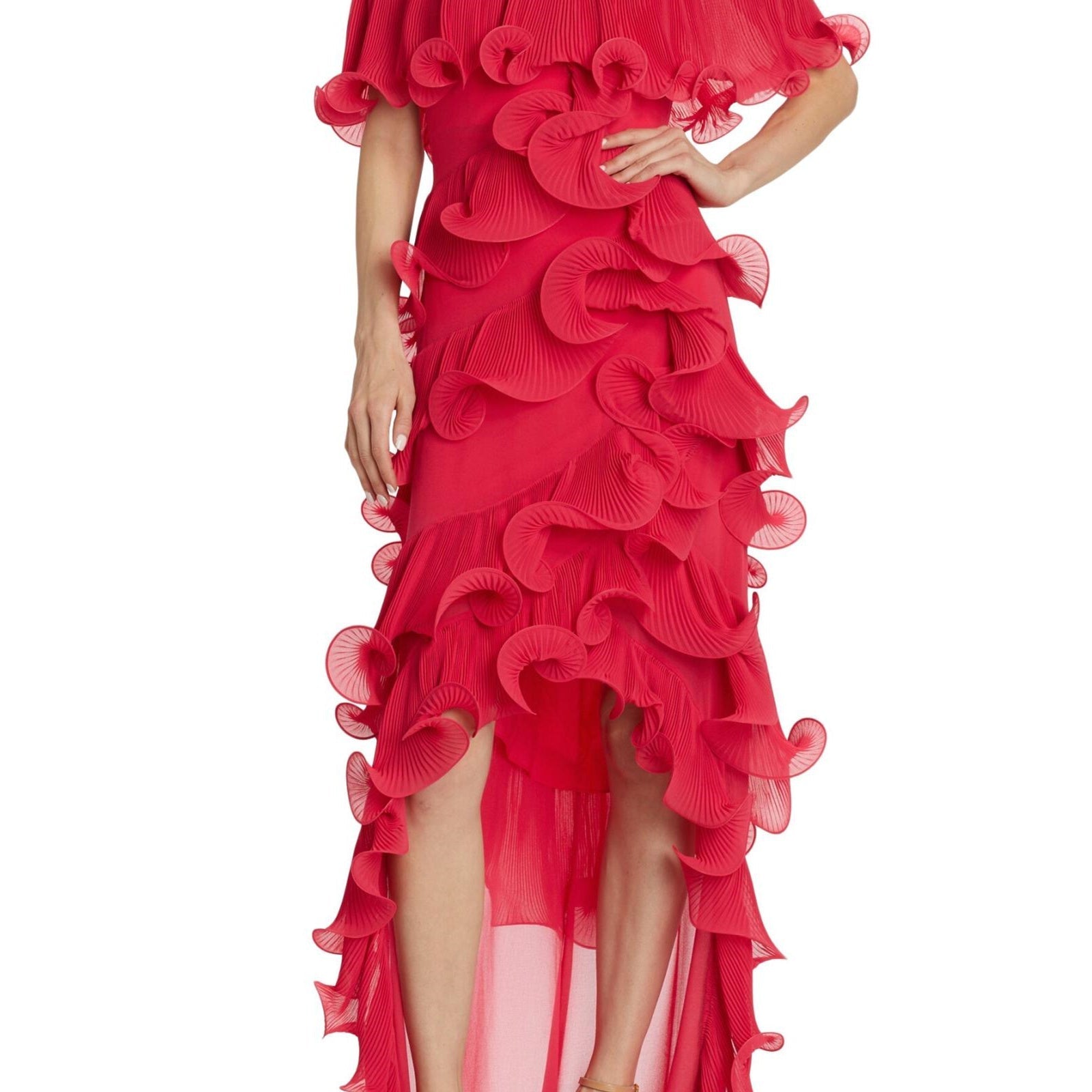 Caroline Omuzu Açık Fırfırlı Maxi Elbise