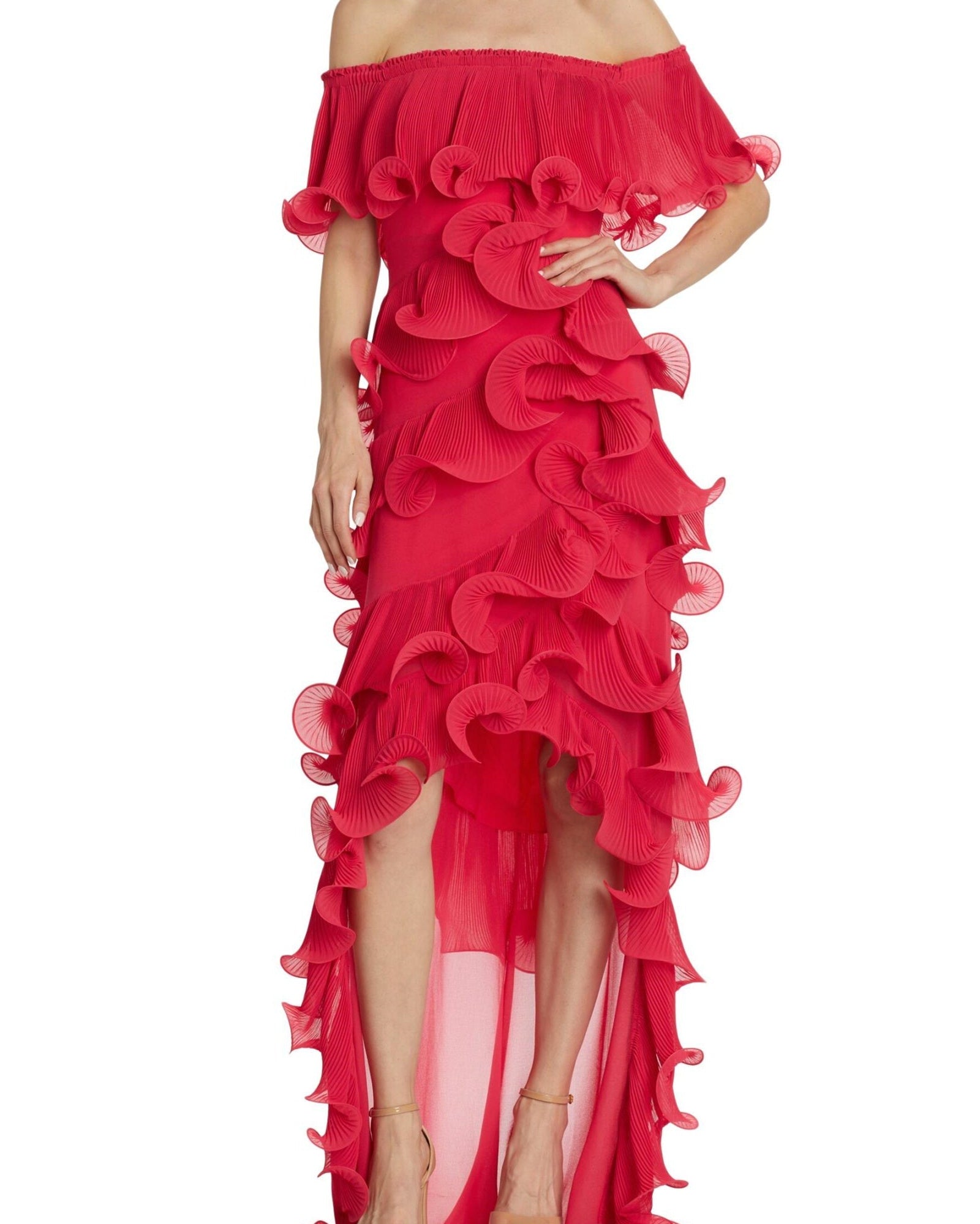 Caroline Omuzu Açık Fırfırlı Maxi Elbise