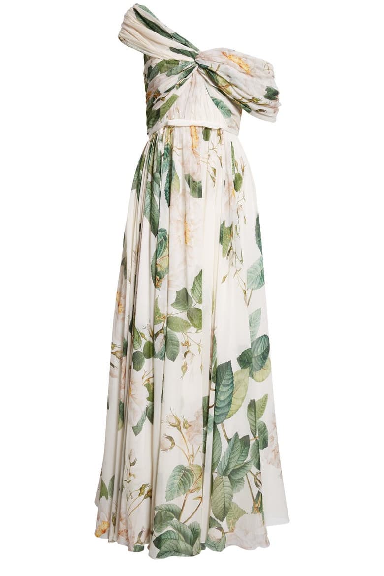 Yvette Çiçek Baskılı Düşük Omuzlu Uzun Elbise