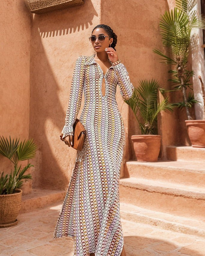 Şafak V yakalı yakalı tığ işi uzun elbise