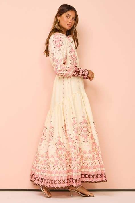 Delia Çiçek Baskılı Uzun Kollu Maxi Elbise