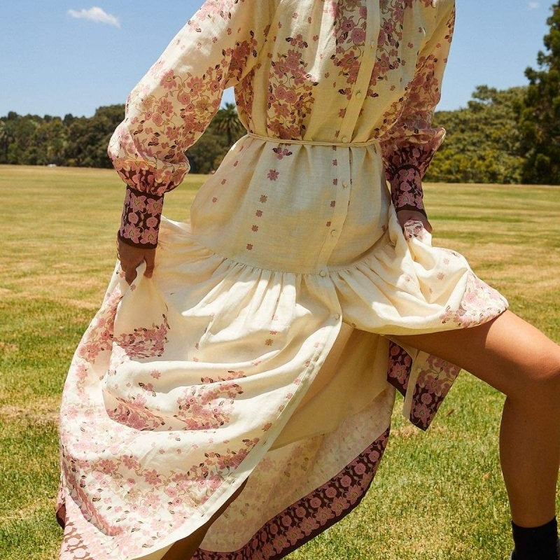 Delia Çiçek Baskılı Uzun Kollu Maxi Elbise