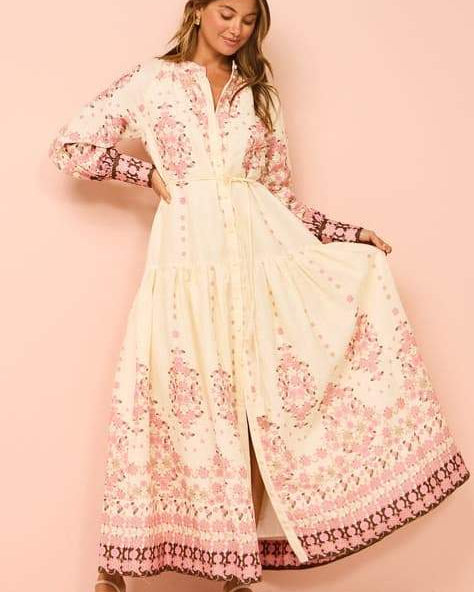 Delia Çiçek Baskılı Uzun Kollu Maxi Elbise