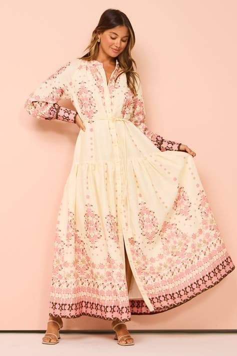 Delia Çiçek Baskılı Uzun Kollu Maxi Elbise