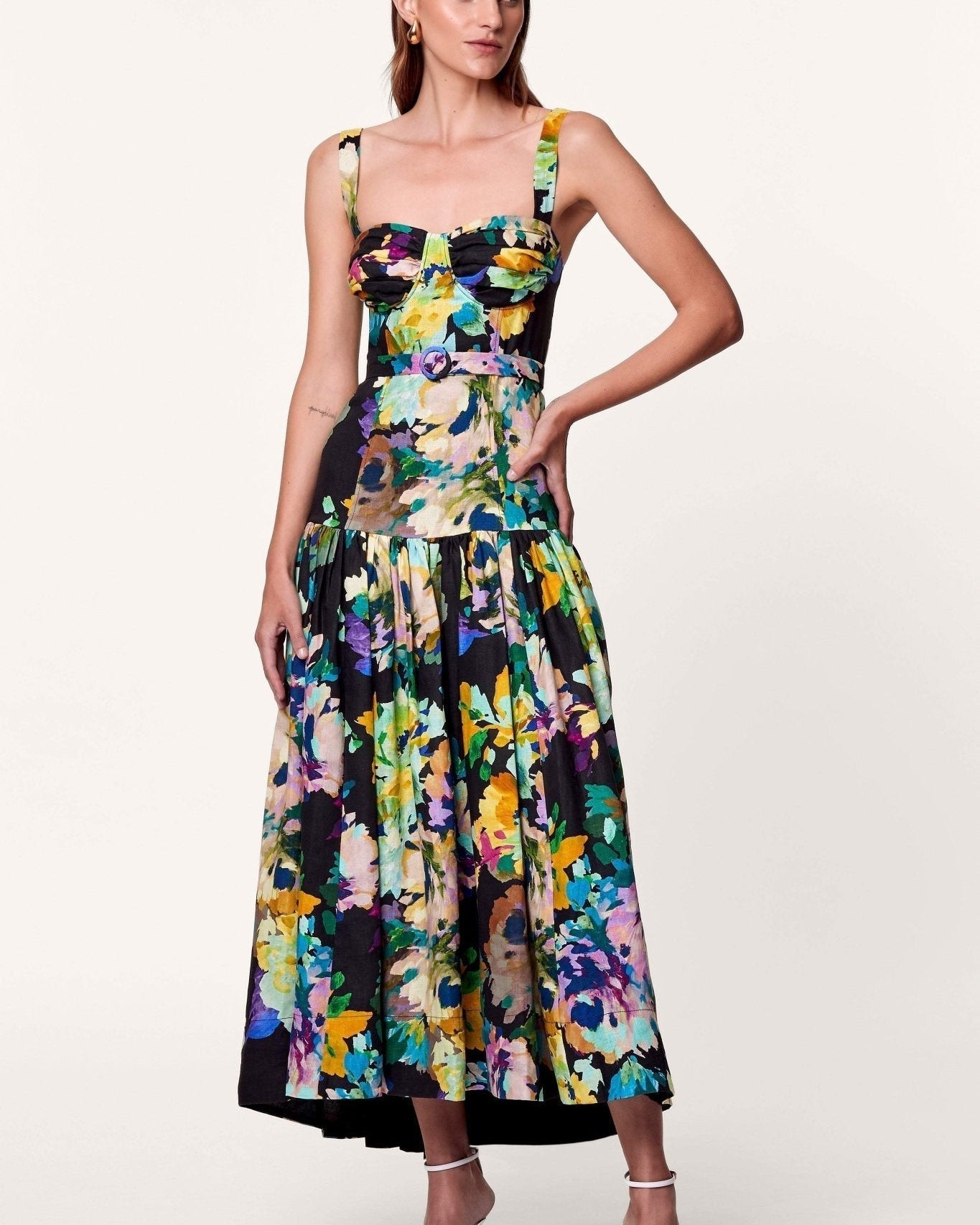 Delia Baskılı Kuşaklı Geniş Uzun Elbise