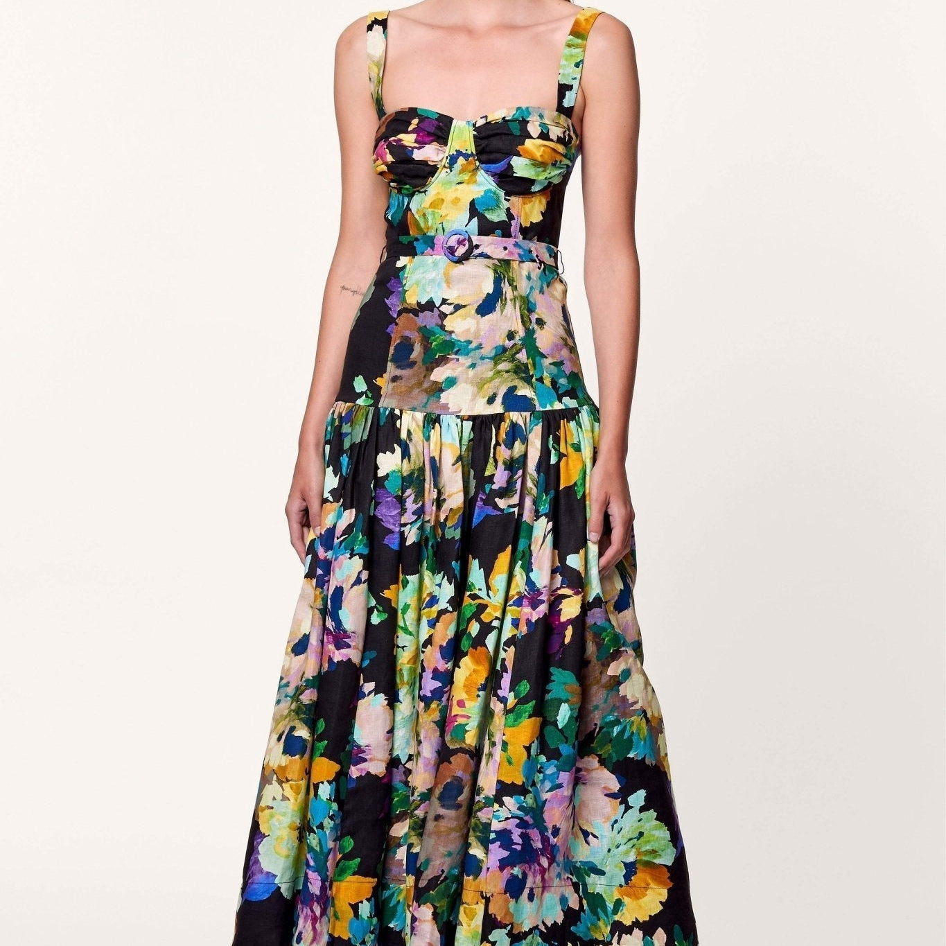 Delia Baskılı Kuşaklı Geniş Uzun Elbise