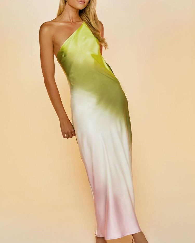 Diane Tek Omuzlu Batik Uzun Elbise