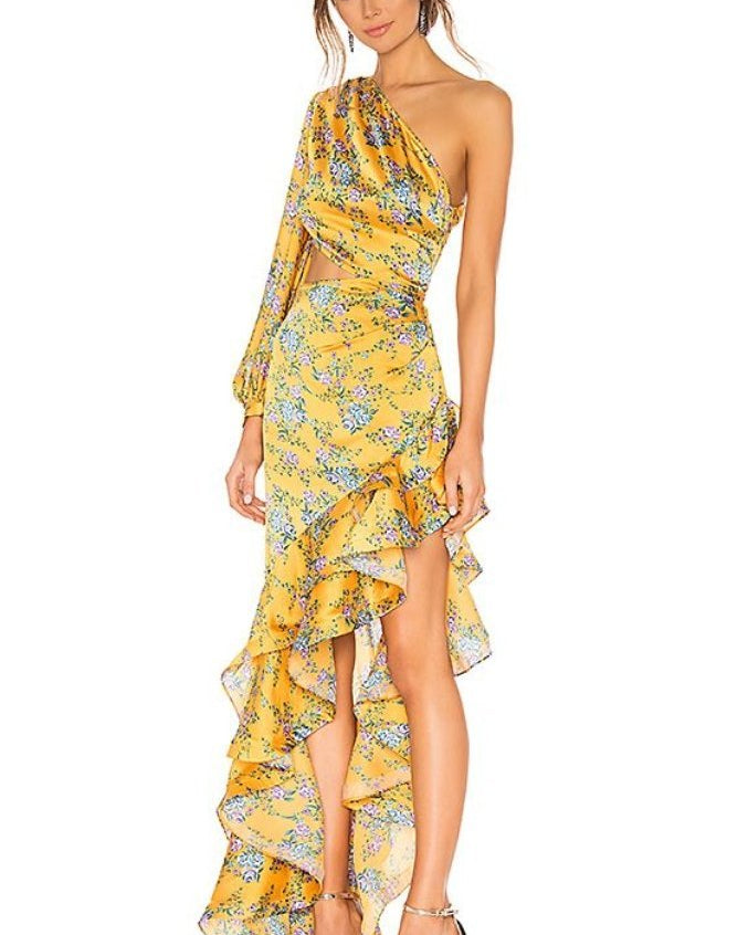 Dinah Baskılı Tek Omuz Fırfırlı Asimetri Maxi Elbise