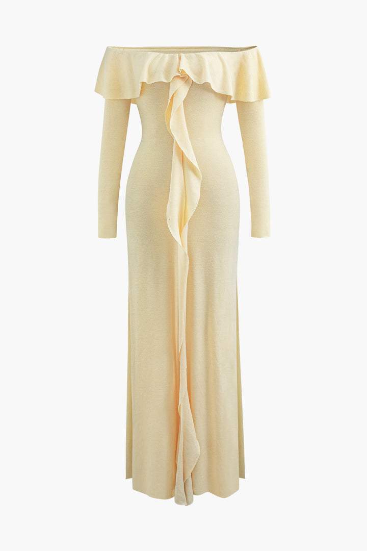 Donna Omuzu Açık Fırfırlı Maxi Elbise