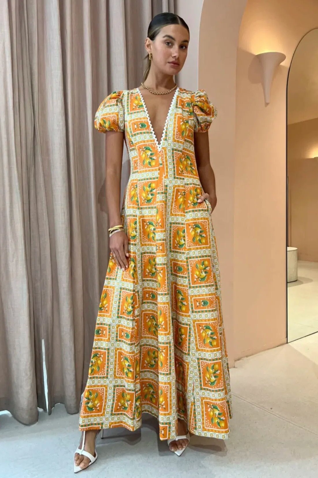 Doreen Baskılı V Yaka Uzun Elbise