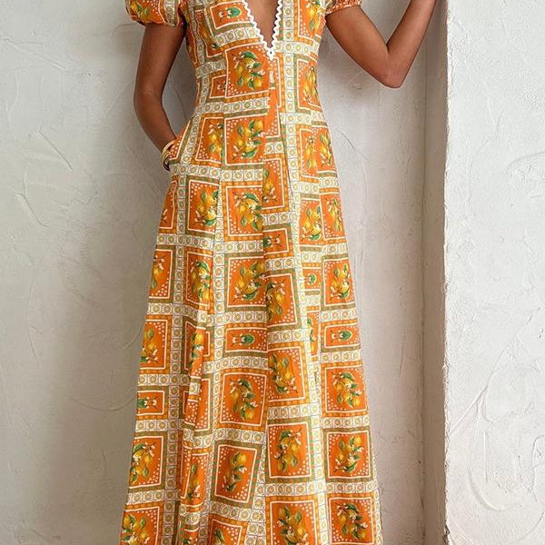 Doreen Baskılı V Yaka Uzun Elbise