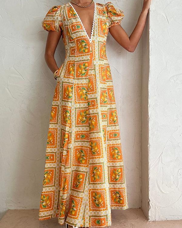 Doreen Baskılı V Yaka Uzun Elbise