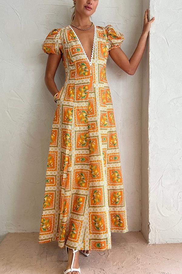 Doreen Baskılı V Yaka Uzun Elbise