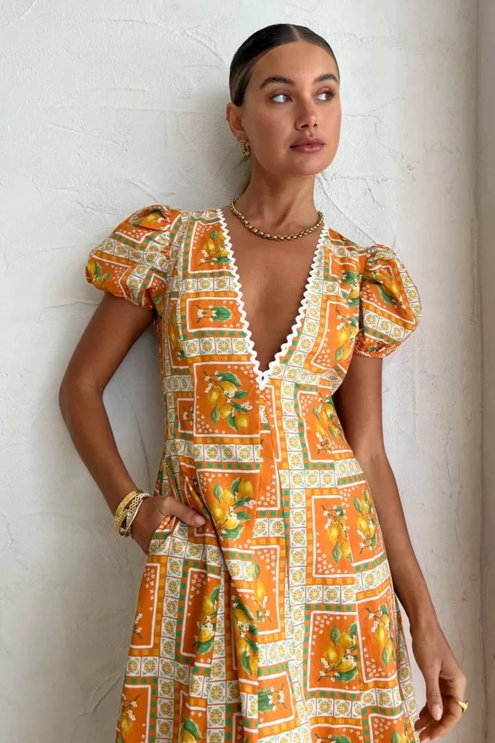 Doreen Baskılı V Yaka Uzun Elbise