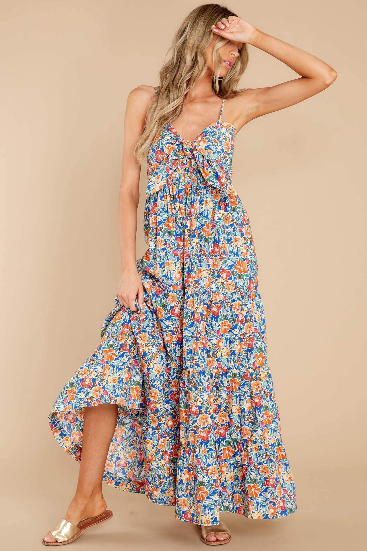 Doris Baskılı Düğümlü Büzgülü Uzun Elbise