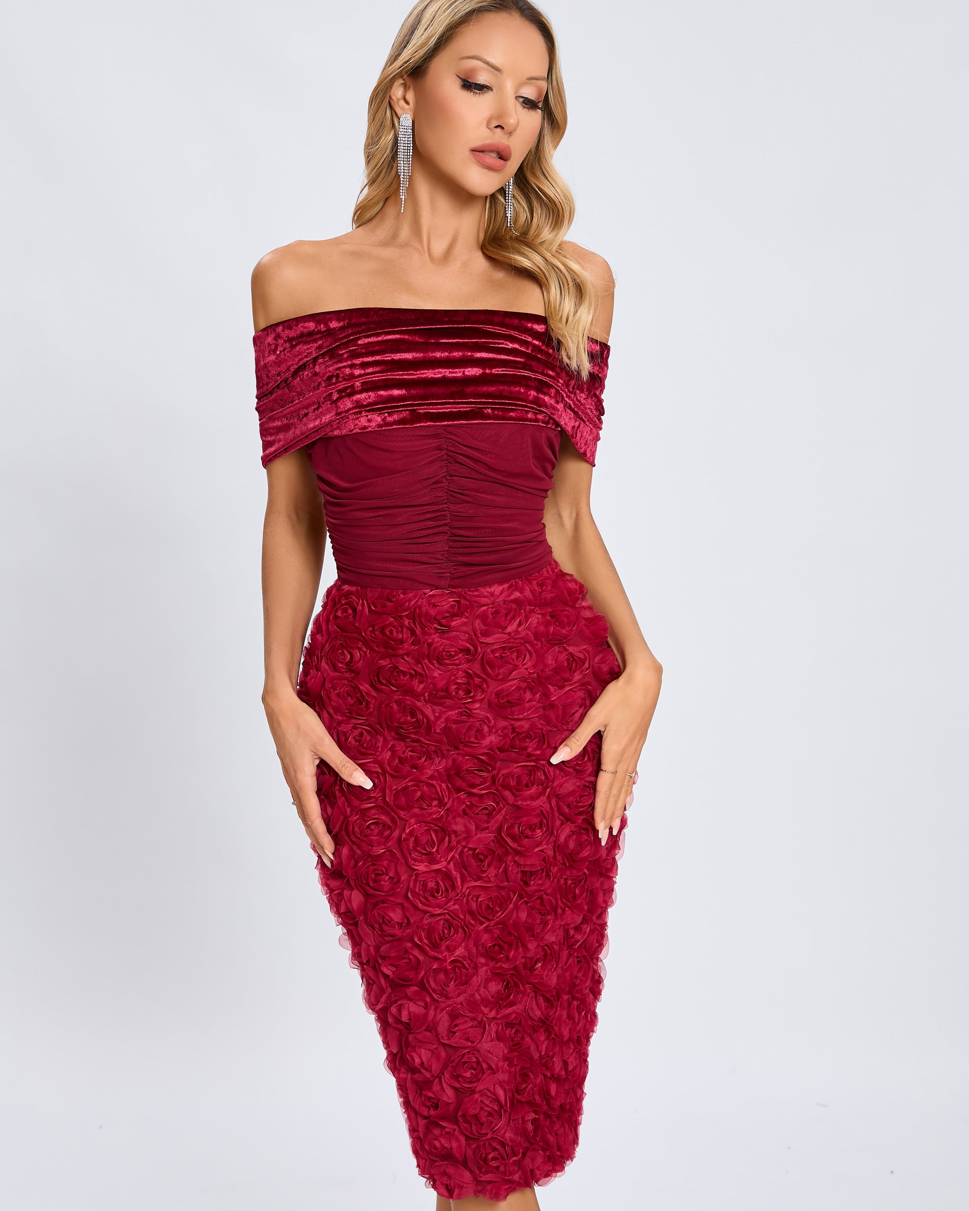 Taylor Kadife Gül Midi Elbise