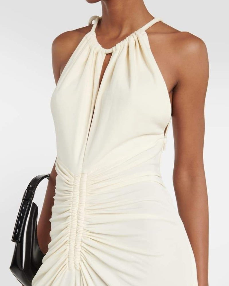 Edna Boyundan Bağlamalı Büzgülü Uzun Elbise