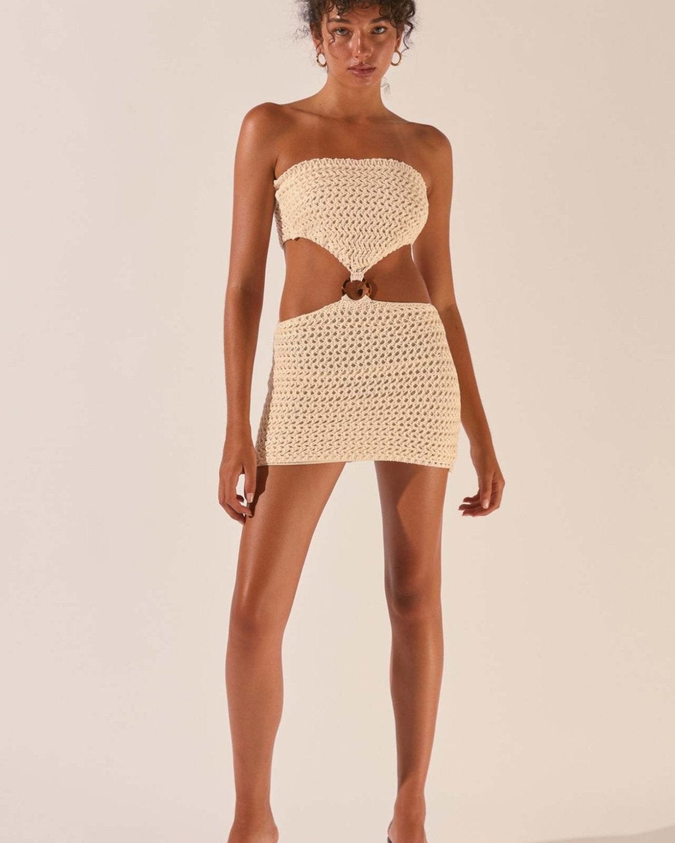 Edna Straplez Kesikli Tığ İşi Mini Elbise