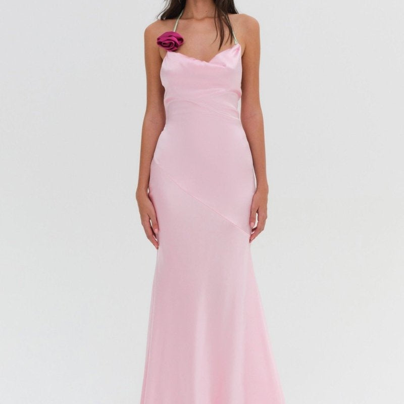 Edwina Boyundan Bağlamalı Rozet Uzun Elbise