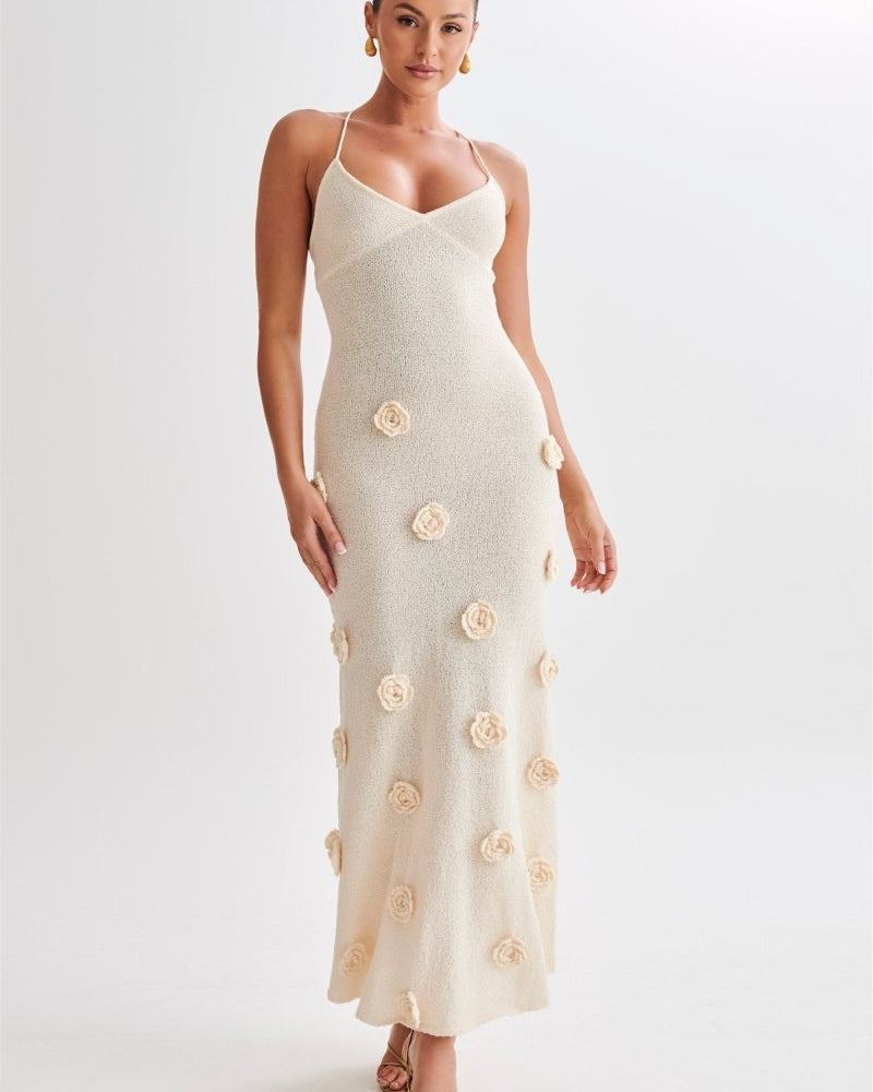 Edwina V yakalı Örme Çiçekli Uzun Elbise