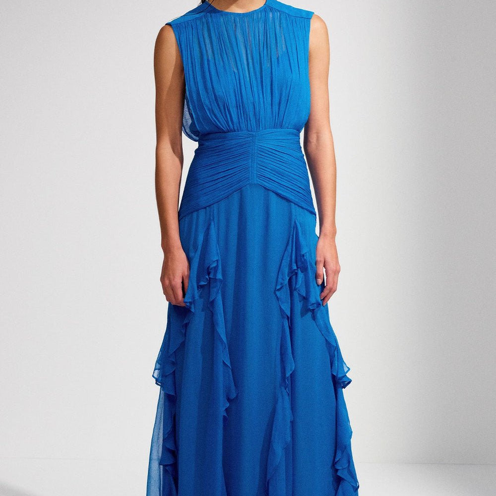 Eileen Pileli Yuvarlak Yaka Volanlı Uzun Elbise