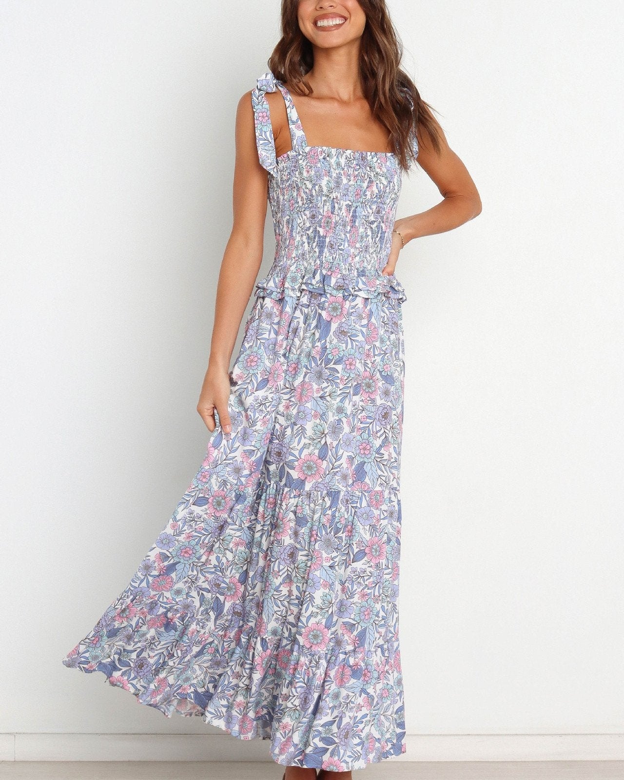 Elanore Baskılı Büzgülü Korsajlı Uzun Elbise