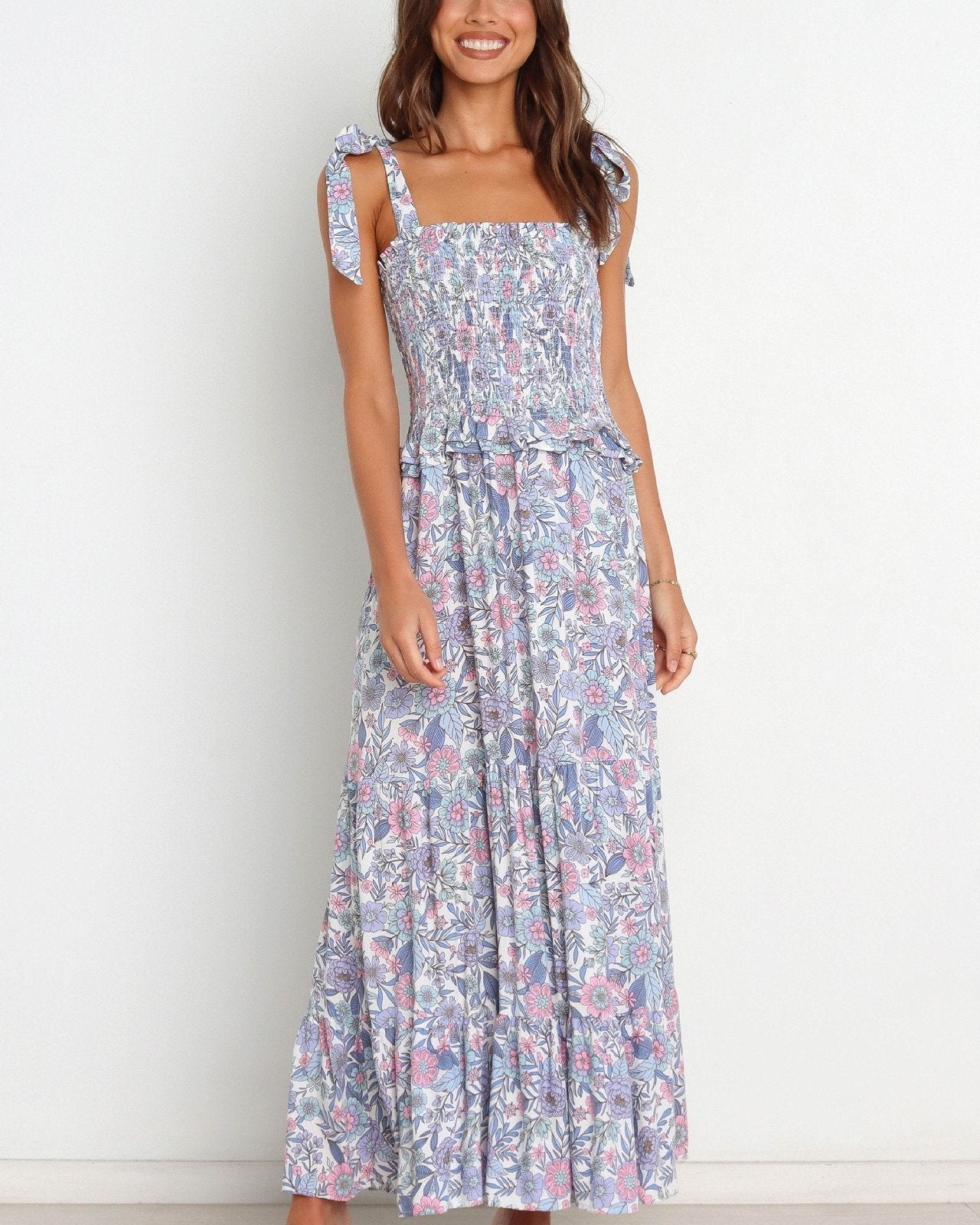 Elanore Baskılı Büzgülü Korsajlı Uzun Elbise