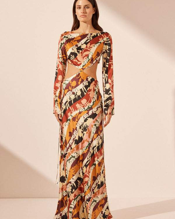 Ella Baskılı Dekolteli Uzun Elbise