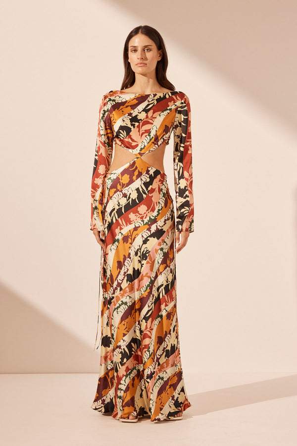Ella Baskılı Dekolteli Uzun Elbise