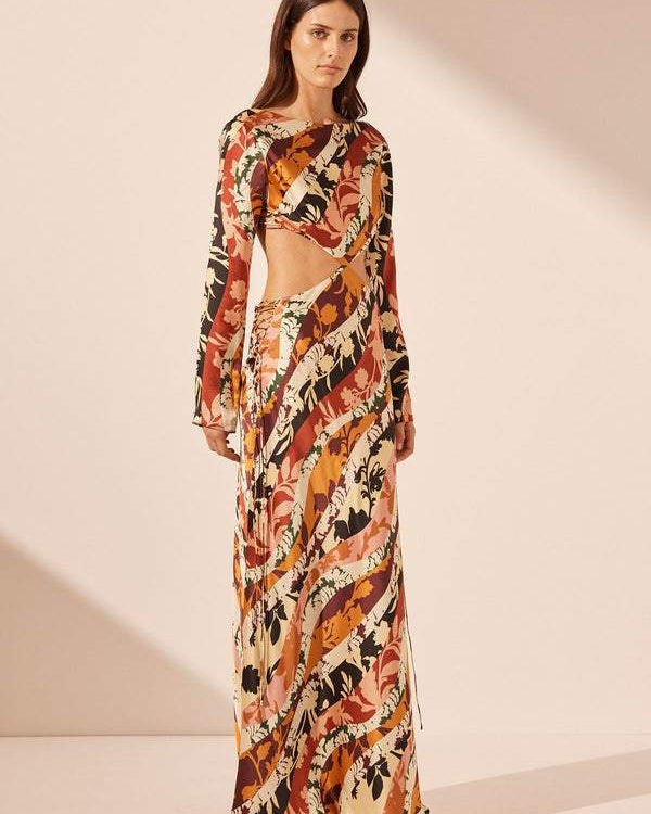 Ella Baskılı Dekolteli Uzun Elbise