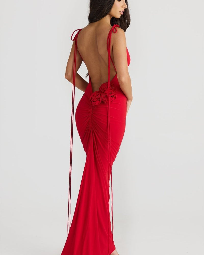 Elma Çiçekli Açık Sırtlı Uzun Elbise