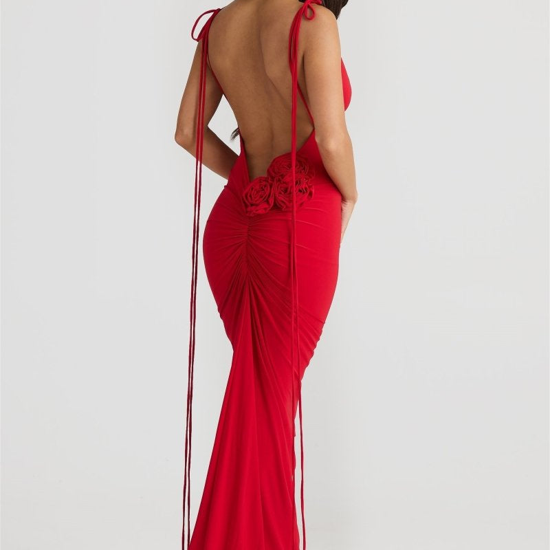 Elma Çiçekli Açık Sırtlı Uzun Elbise