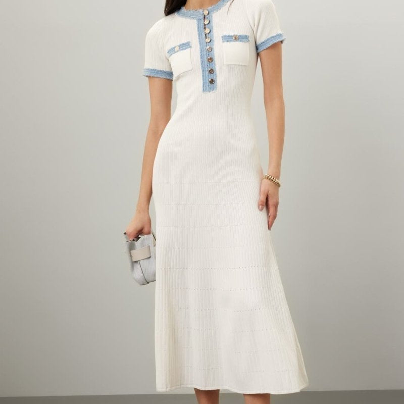 Elma Yuvarlak Yaka Örme Midi Gömlek Elbise