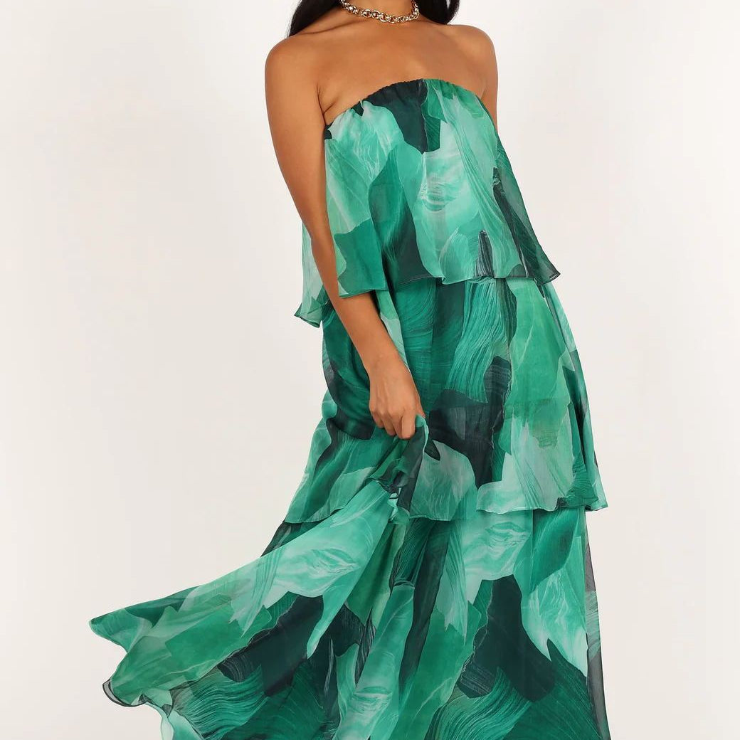 Elsie Baskılı Katlı Straplez Uzun Elbise