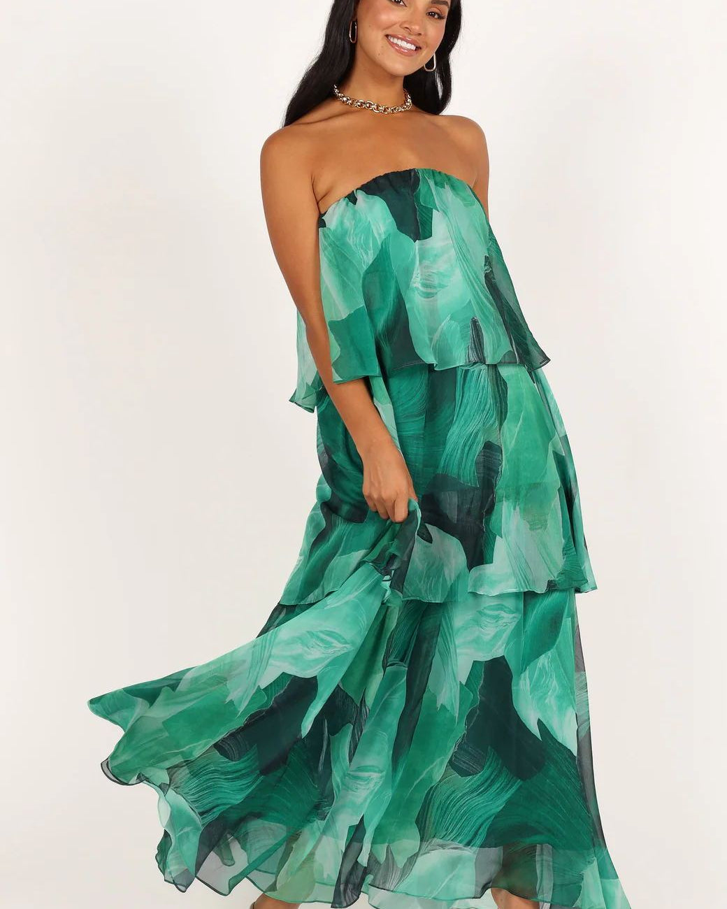 Elsie Baskılı Katlı Straplez Uzun Elbise